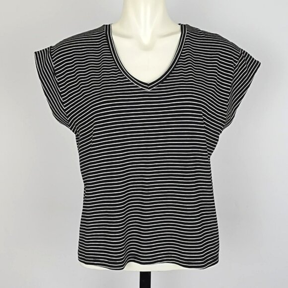 Studio Women's Capped Sleeves VNeck Top Black White Pin Stripe Soft Stretch Sz S - Picture 1 of 12